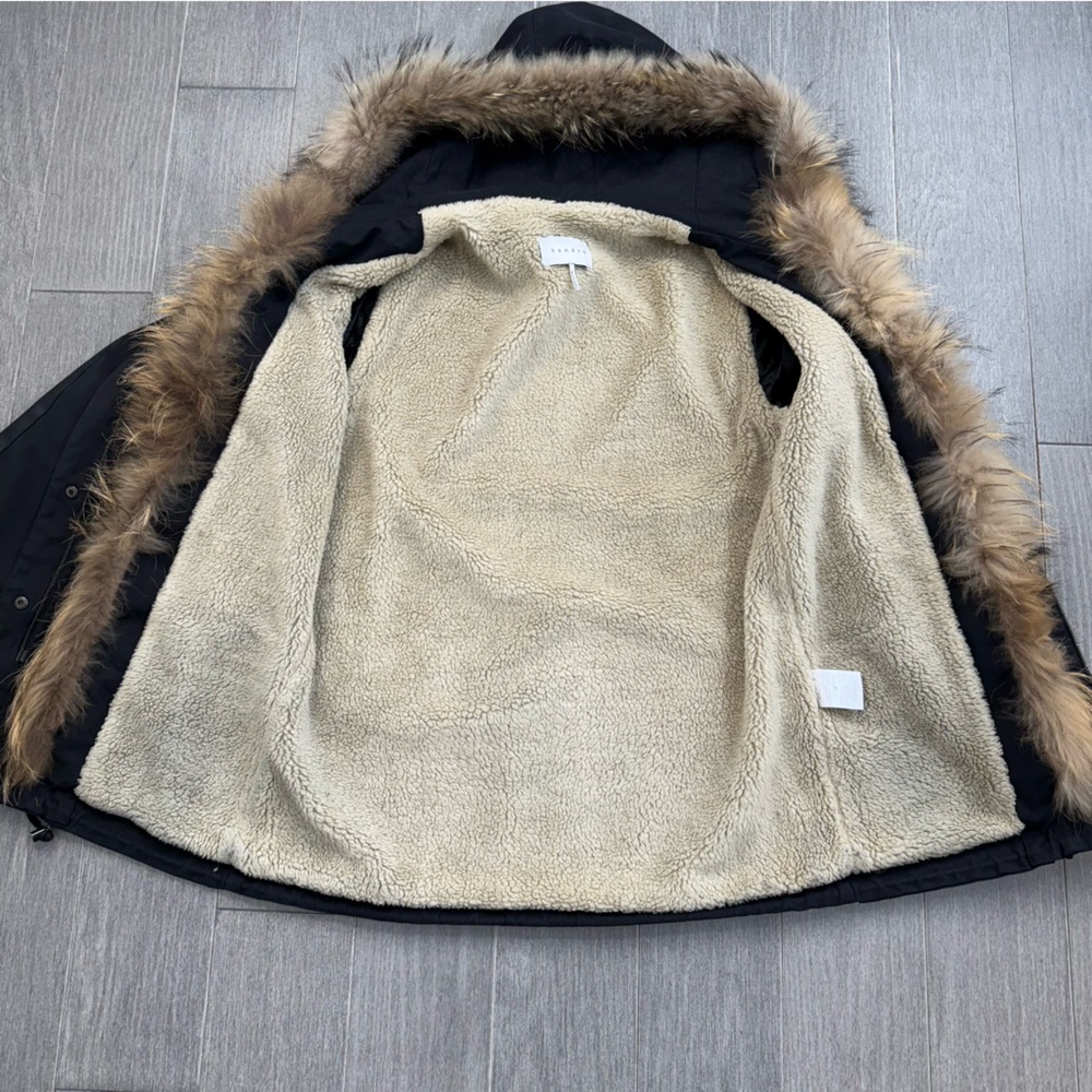 Sandro Fur Trimmed Parka Jacket Black Sherpa Lined Hooded Coat Women’s Size 2 M - Picture 14 of 16